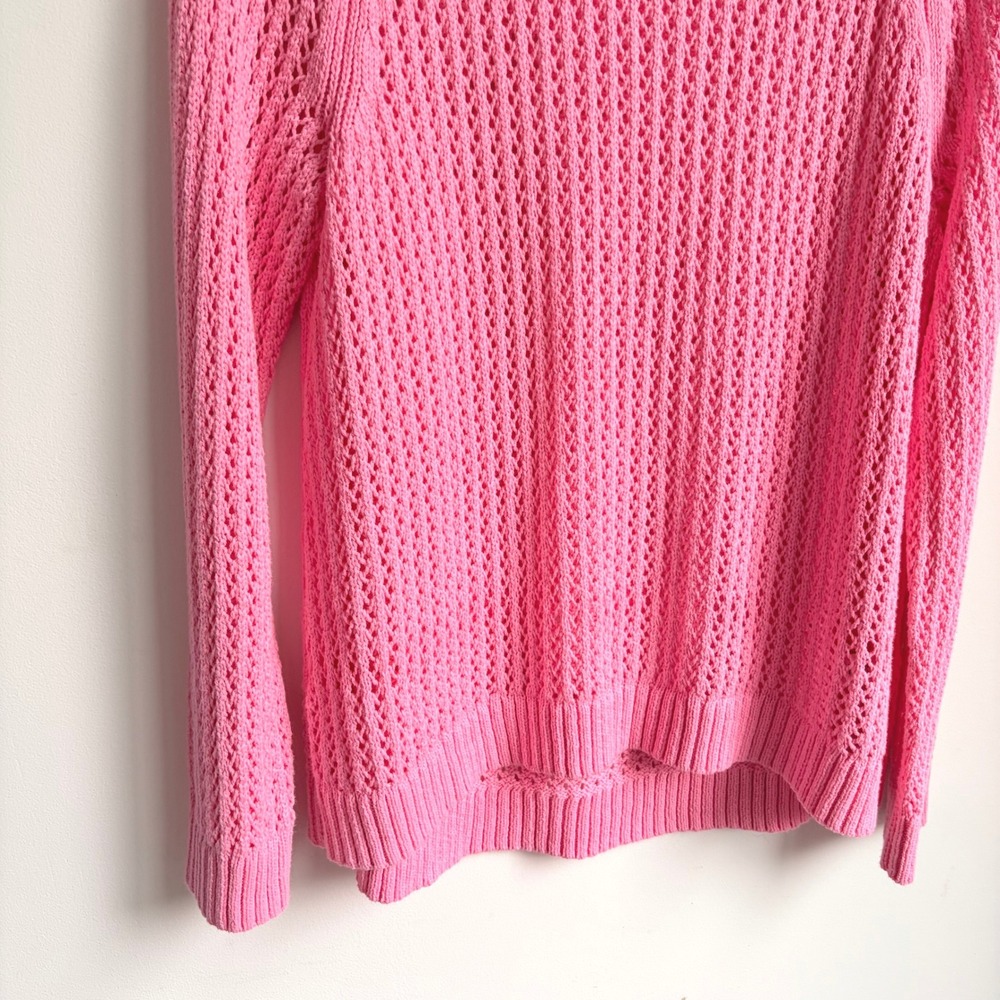 Talbots Open Knit Sweater XL Barbiecore Pink Cotton Pointelle Pullover Raglan - Picture 3 of 6